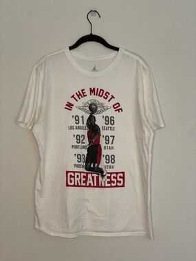 Jordan White Graphic Tee with Red and Black 'Greatness' Print